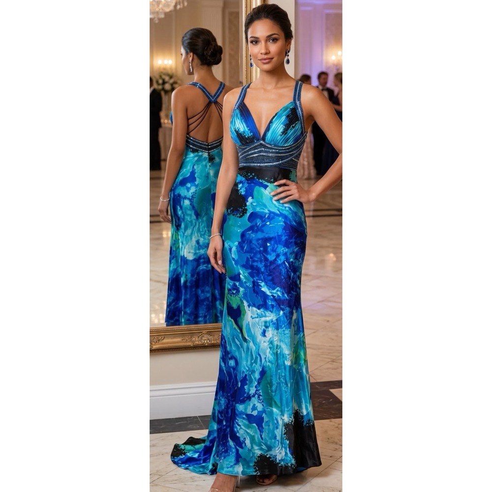 Y2K Cache Gown 2 Blue Watercolor Beaded Sequin Mesh Strappy Back Prom Dress Hoco